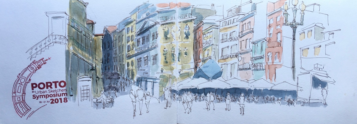 Porto, Praça de Ribeira, urban sketch