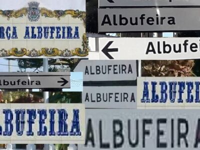 Verzameling van richtingborden met de goede spelling van Albufeira erop