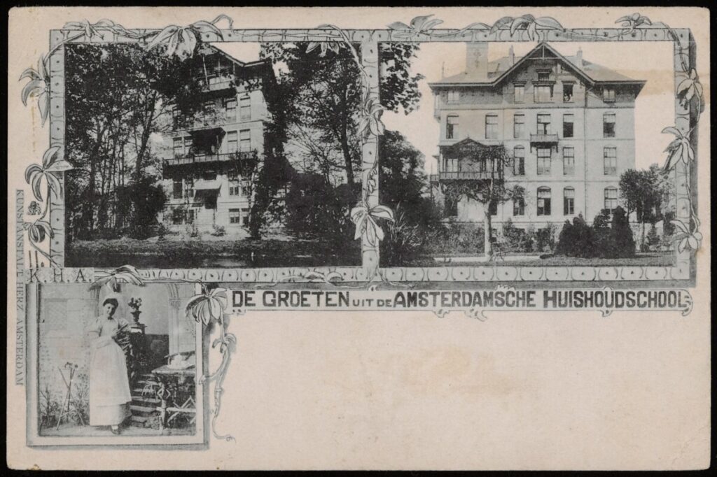 Ansichtkaart uit 1900 van de Amsterdamse Huishoudschool