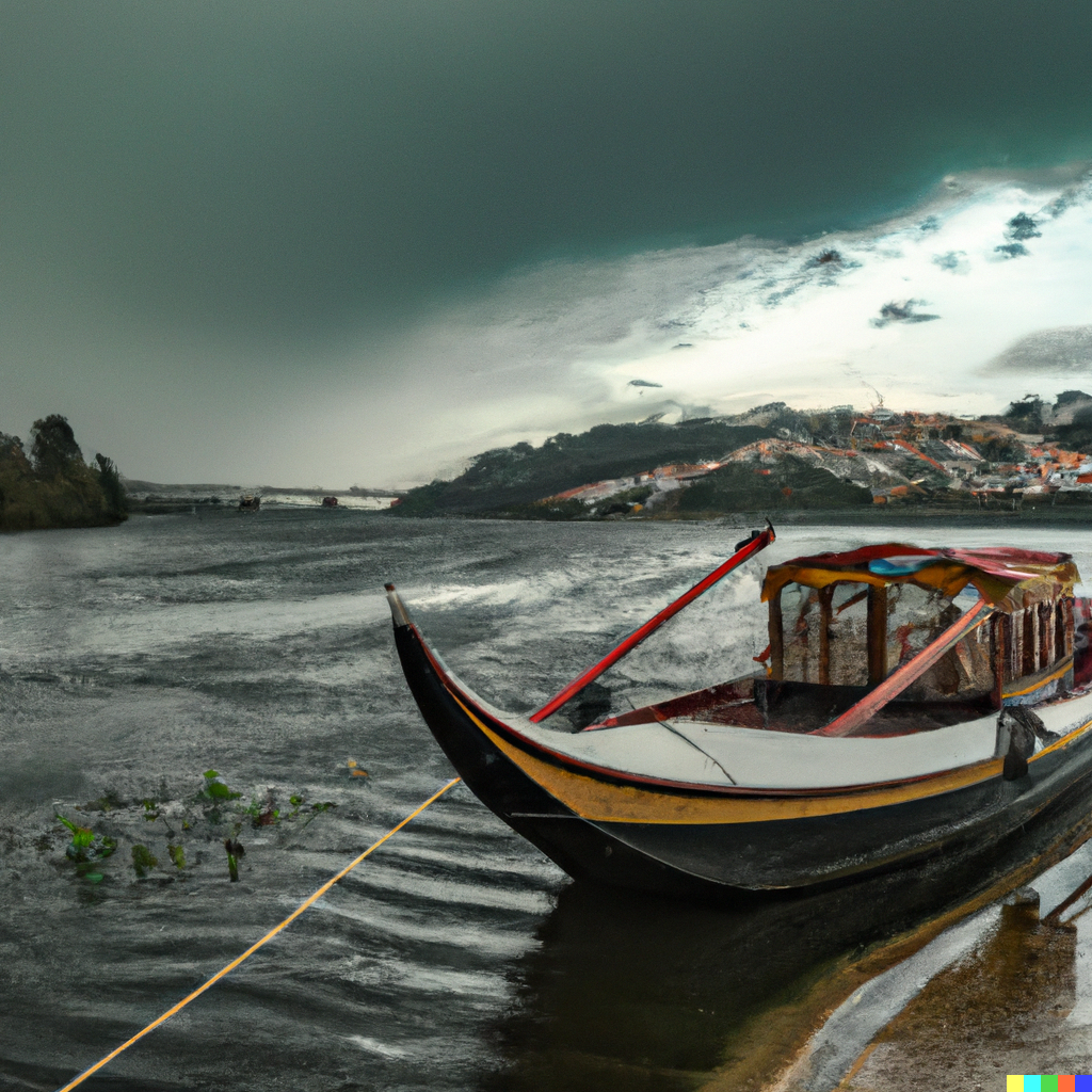 river Dão with a Venice boat on a stormy day