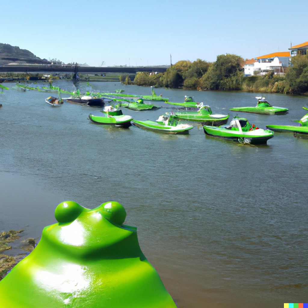  river Dão full of green ships and an alien watching