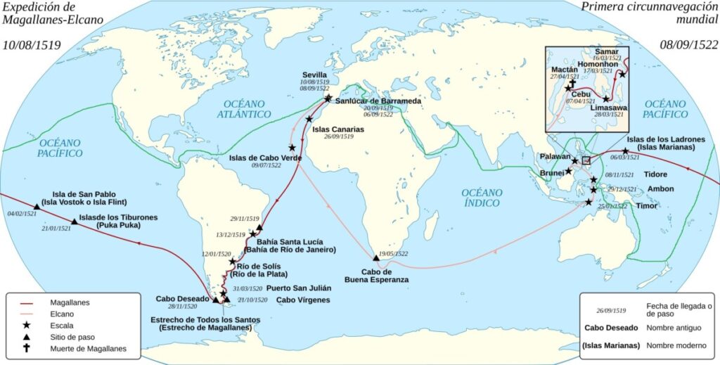 Wereldkaart met de route van Fernão de Magalhães en de route van Cees Groenewegen