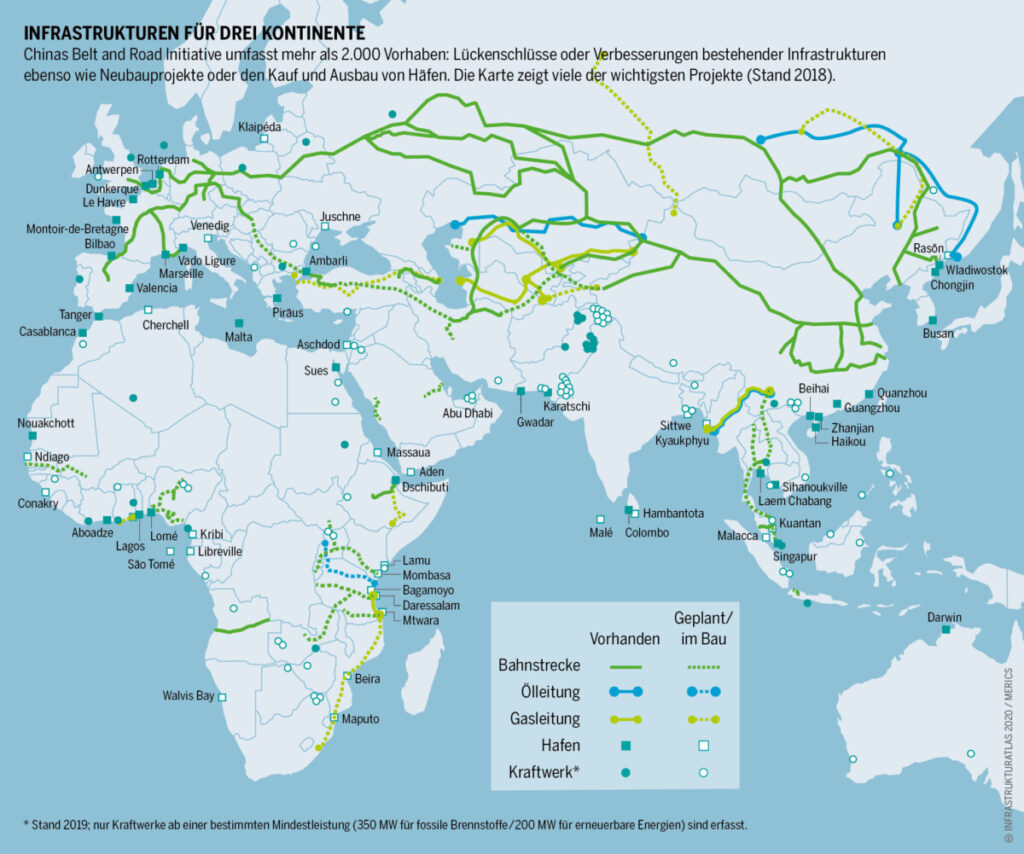 Een overzicht van belangrijke projecten van China in Azië, Afrika en Europa.