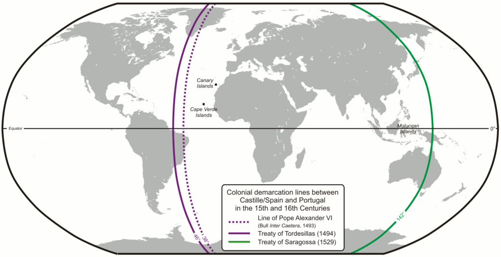 Wereldkaart met de lijnen van de verdragen van Tordesillas en Zaragoza