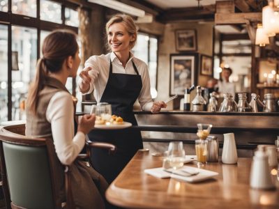 in ene restaurant, een gast en een personeelslid