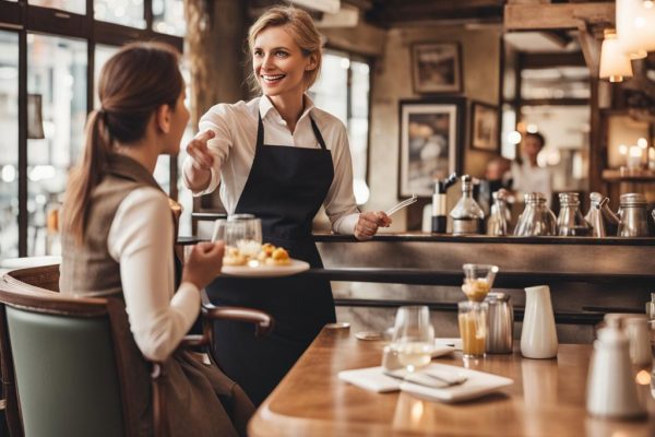 in ene restaurant, een gast en een personeelslid