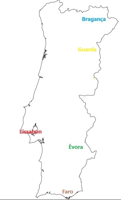 Vereenvoudigde kaart van Portugal met daarop de vijf steden van de weer-analyse: Évora, Lissabon, Faro, Guarda en Bragança.