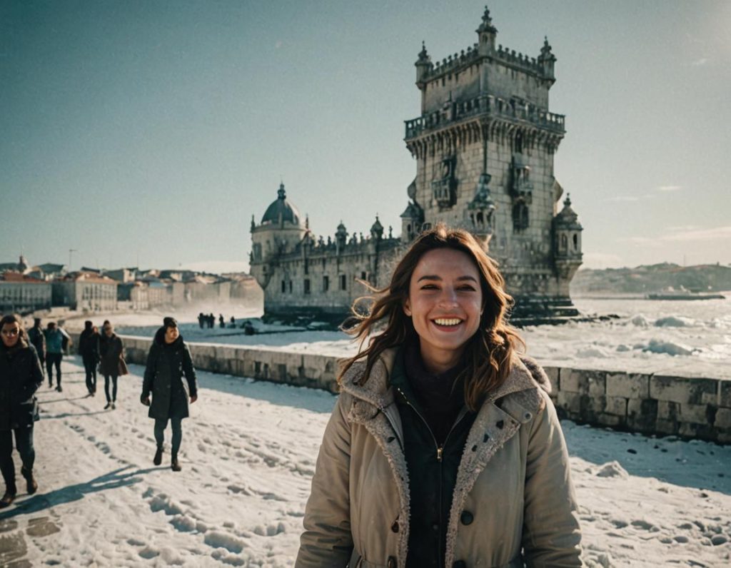 Vrouw voor een besneeuwde Torre de Belém in Lissabon, Portugal, gemaakt met AI