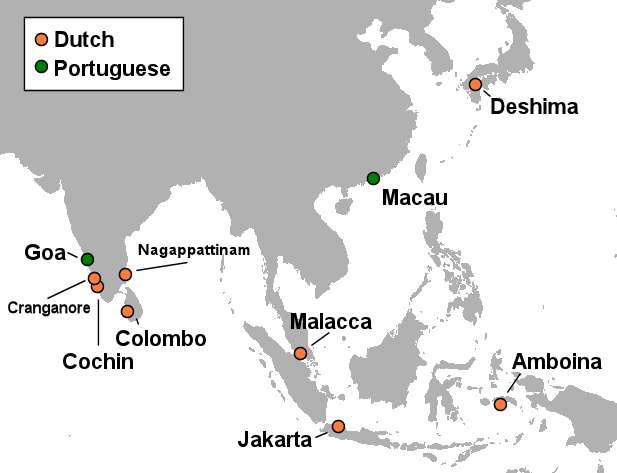 Kaart van de Nederlandse en Portugese vestigingen in Zuid-Oost Azië rond 1665