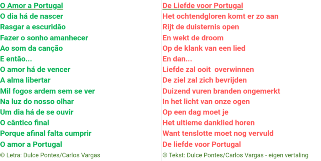 Originele tekst van Amor a Portugal met vertaling door auteur column Geert Brabant.
 