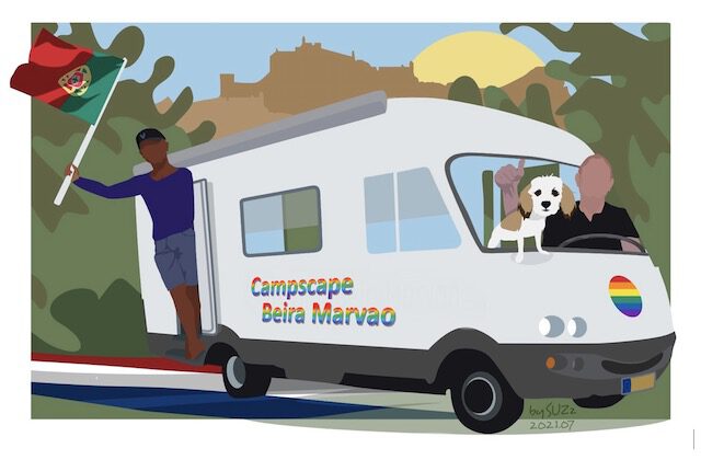 Tekening van bus met twee mannen en een hond en een Portugese vlag