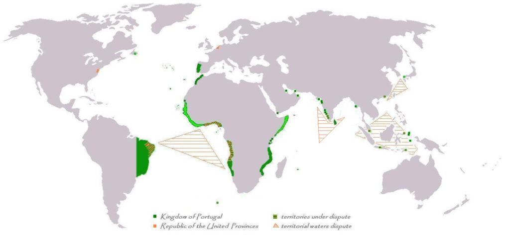 Wereldkaart van de strijdtonelen tussen Portugal en de Nederlanden. 