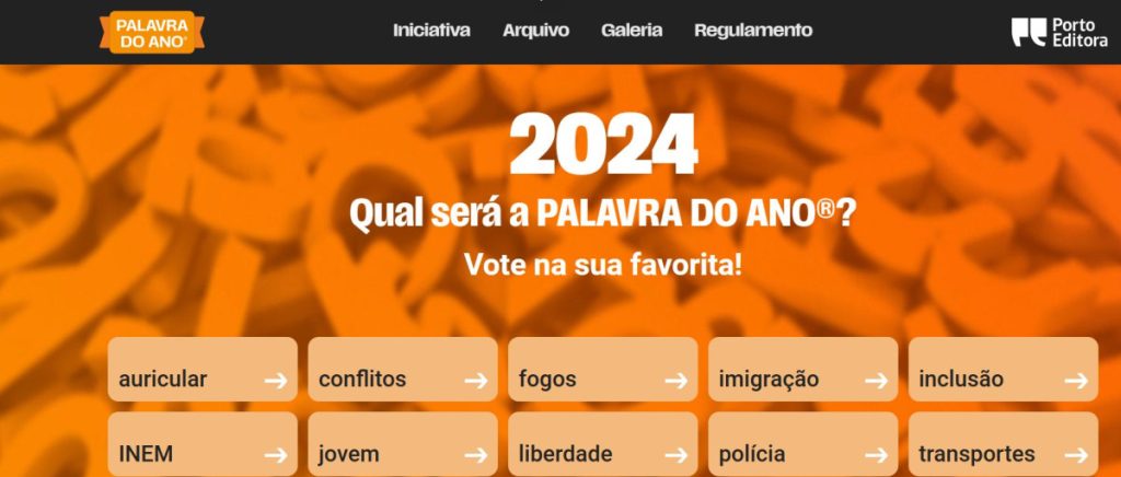 Screenshot van de website palavradoano.pt met de kandidaatwoorden voor 2024