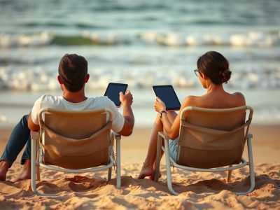 man en vrouw op strand lezend op tablet